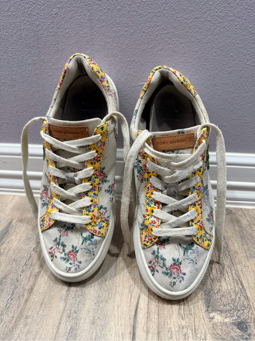 Tory Burch Floral Canvas Lace-Up Sneakers in Cream with Yellow Trim